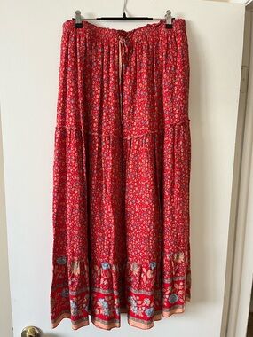 Simple Red Floral Tiered Midi Skirt with Border Hem